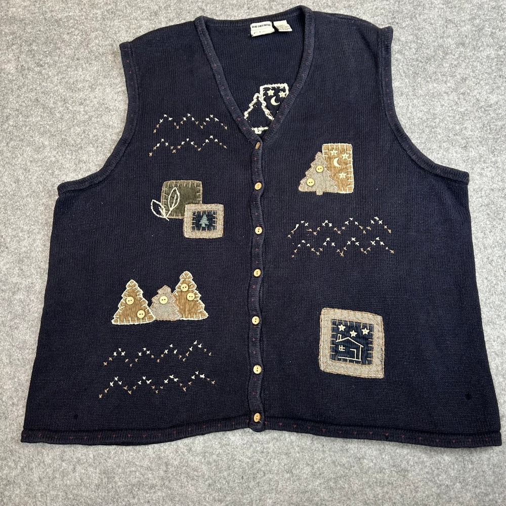 CJ Banks Hand Embroidered Patchwork 3D Sweater Vest Navy Blue Teacher 3X Cottage